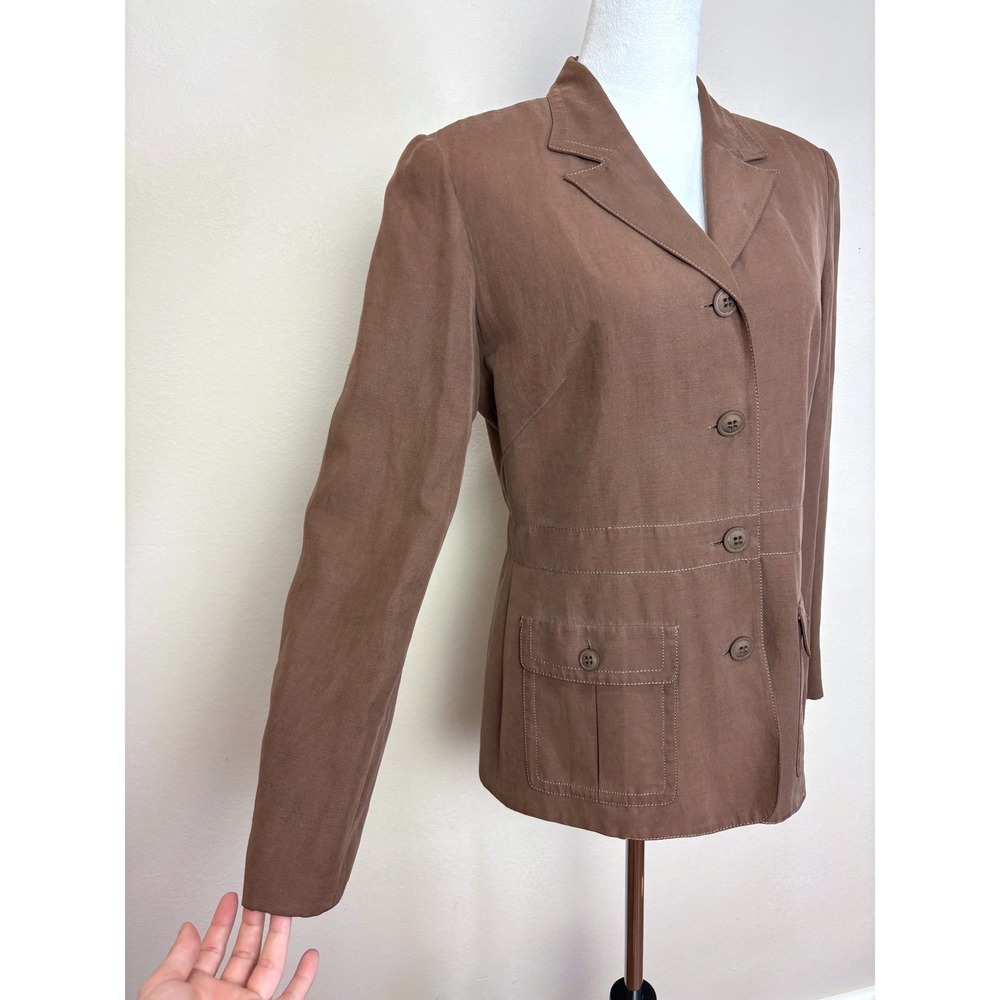 Y2K Vintage Brown Silk & Linen Blazer Jacket Size 8 Business Casual Office